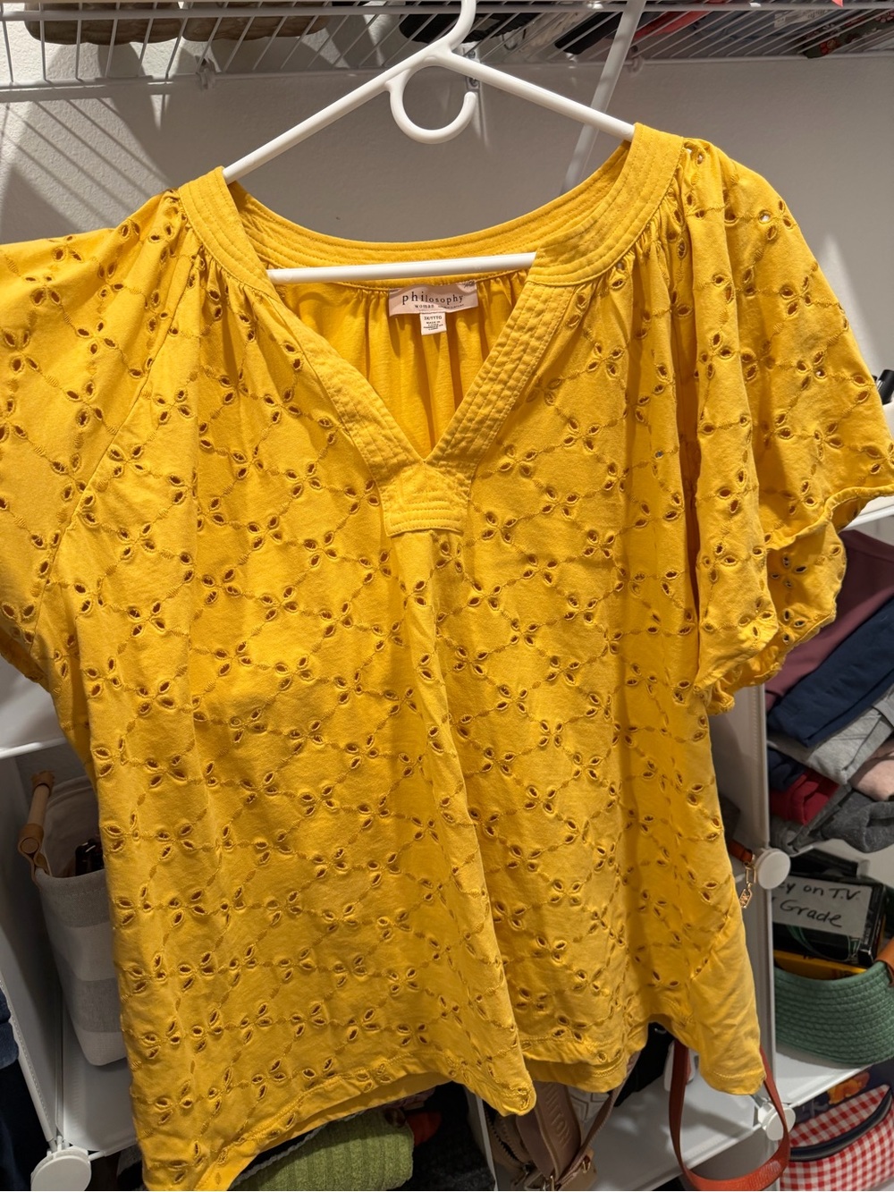 Philosophy Bright Yellow Eyelet V-Neck Short Sleeve Top
